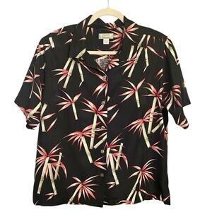 Vintage Tommy Bahama Women’s Silk Hawaiian Shirt Size Large Black Pink Tropical